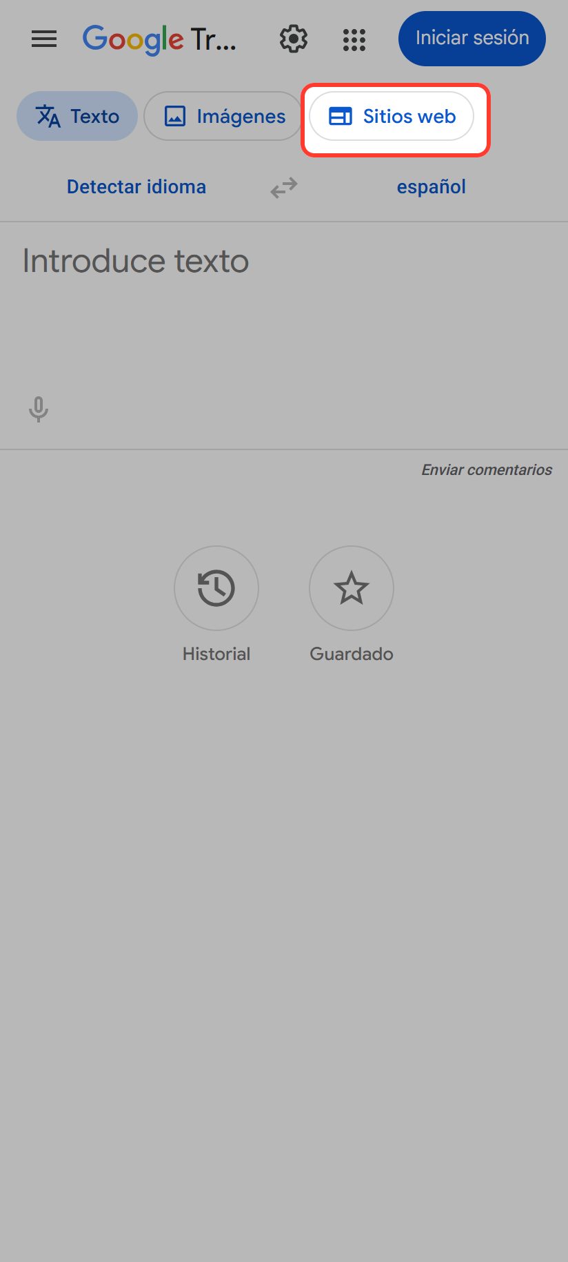 La pestaña "Sitios web" en el móvil